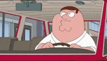 peter griffin from family guy driving a red car