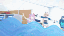 a blurry picture of a group of anime characters in a room .