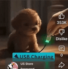 a small brown puppy is being charged by a usb cable