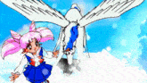 a little girl with pink hair is standing next to a winged animal