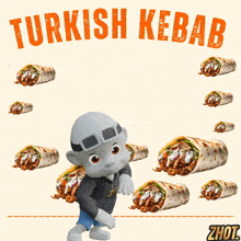 a cartoon character stands in front of a bunch of wraps that say turkish kebab