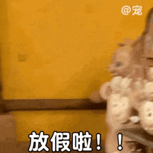 a stuffed animal with chinese writing on it is standing next to a yellow wall .