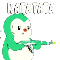 a green penguin is holding a green abstract weapon