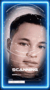 a man 's face is being scanned with the words scanning loading at the bottom