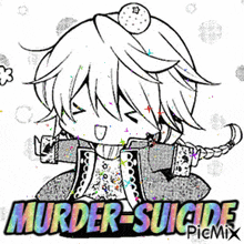 a black and white drawing of a girl with the words `` murder-suicide '' written below it .