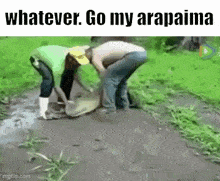 a man and a woman are kneeling in the mud with the words `` whatever go my arapama '' written above them .