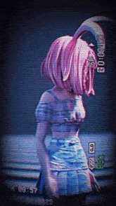 a video of a girl with pink hair and horns is being recorded at 8:57 pm