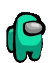 a green among us character is standing on a white surface .