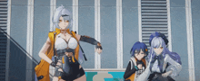 three anime girls are standing next to each other in front of a wall