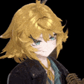 a girl with blonde hair and blue eyes is wearing a leather jacket