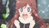 a girl with a surprised look on her face is surrounded by sparkles