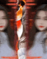 a blurry picture of a woman 's face with a red and white background