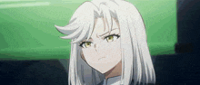 a close up of a anime character with white hair and green eyes