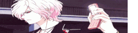 a man with pink hair is holding a pink cellphone