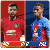 a man in a red chevrolet shirt next to another man in a blue chevrolet shirt