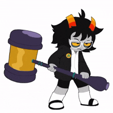 a cartoon character with horns is holding a purple and yellow hammer with the letter e on it