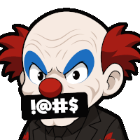 a cartoon of a clown with a sticker on his mouth that says i @ # $
