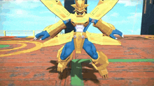 a yellow and blue robot is standing on a red and green surface