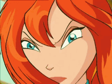 a close up of a cartoon character with red hair