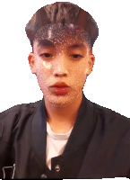 a young man wearing a black jacket and a white shirt has a sticker on his face that says 7