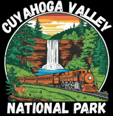 a cuyahoga valley national park logo with a waterfall and a train