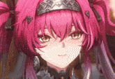 a close up of a girl 's face with pink hair