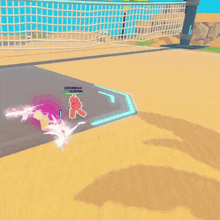 a computer generated image of a volleyball court with red cubes flying around
