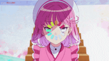 a girl with pink hair and a white hat stands in front of a staircase with animeplay.net written below her