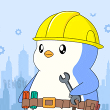 a penguin wearing a hard hat and a tool belt