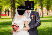 a bride and groom are posing for a picture with a timed out sticker on their faces
