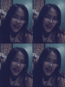 a girl wearing glasses is smiling in four different images