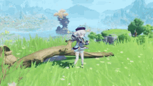 a cartoon character is standing in a field holding a sword .