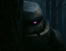 a rock monster with purple eyes is standing in the dark