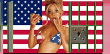 a woman in a bikini eating a hamburger behind bars