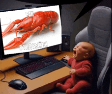 a baby is crying in front of a computer monitor that says par on it