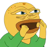 a yellow cartoon character with blue eyes and a green sweater