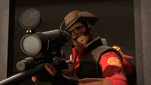 a man wearing glasses and a hat holds a rifle