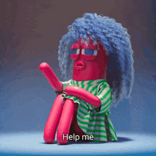 a cartoon character with blue hair and a green and white striped shirt says help me
