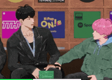 a man and a girl are sitting in front of a wall with k-pop on spotify posters