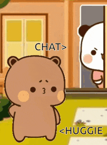 a cartoon bear is standing next to a panda bear and talking to it .