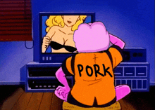a cartoon character with the word pork written on his back