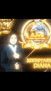 a woman is standing in front of a sign that says " sekretariat diana "