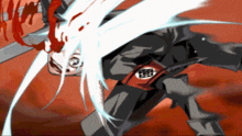a cartoon drawing of a man with white hair and a red shirt that says ' eee ' on it