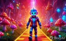 a robot is walking down a path surrounded by mushrooms and flowers .