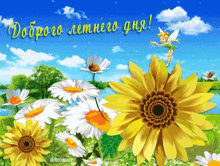 a fairy is flying over a field of daisies and sunflowers with a blue sky in the background