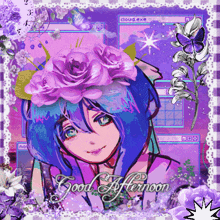 a good afternoon greeting card with a girl with blue hair and purple flowers
