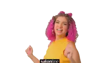 a woman with pink hair is wearing a yellow tank top with salonline written on the bottom