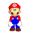 a pixelated image of mario wearing overalls and a red hat .