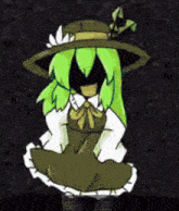 a drawing of a girl with green hair wearing a hat