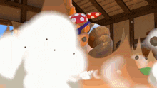 a cartoon character wearing a mushroom hat and a polka dot hat